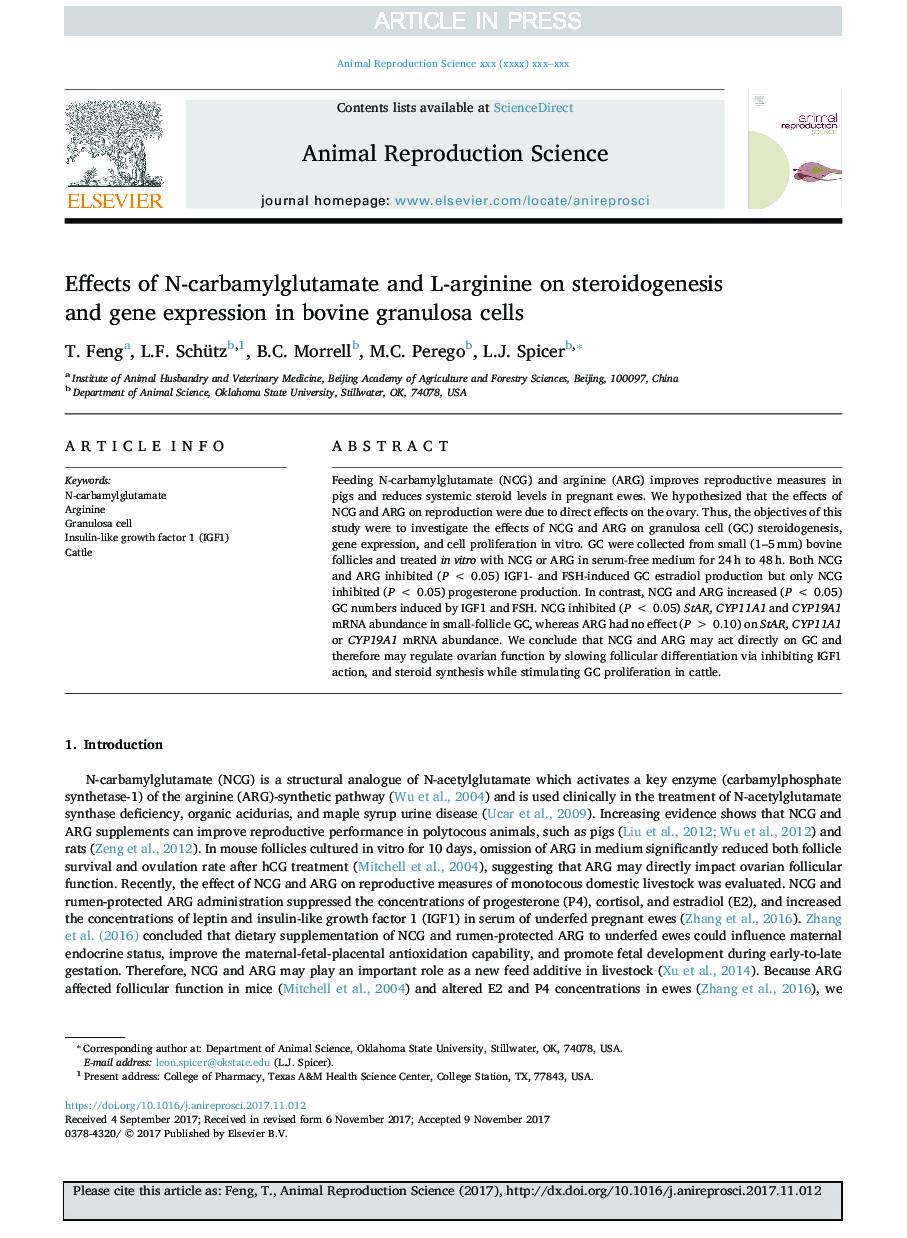 Effects of N-carbamylglutamate and L-arginine on steroidogenesis and gene expression in bovine granulosa cells