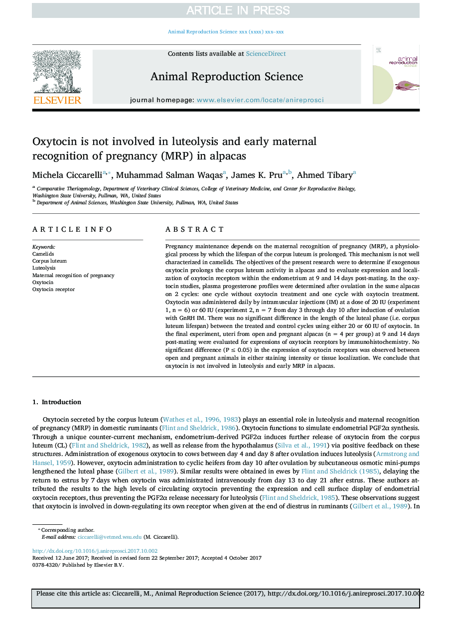 Oxytocin is not involved in luteolysis and early maternal recognition of pregnancy (MRP) in alpacas