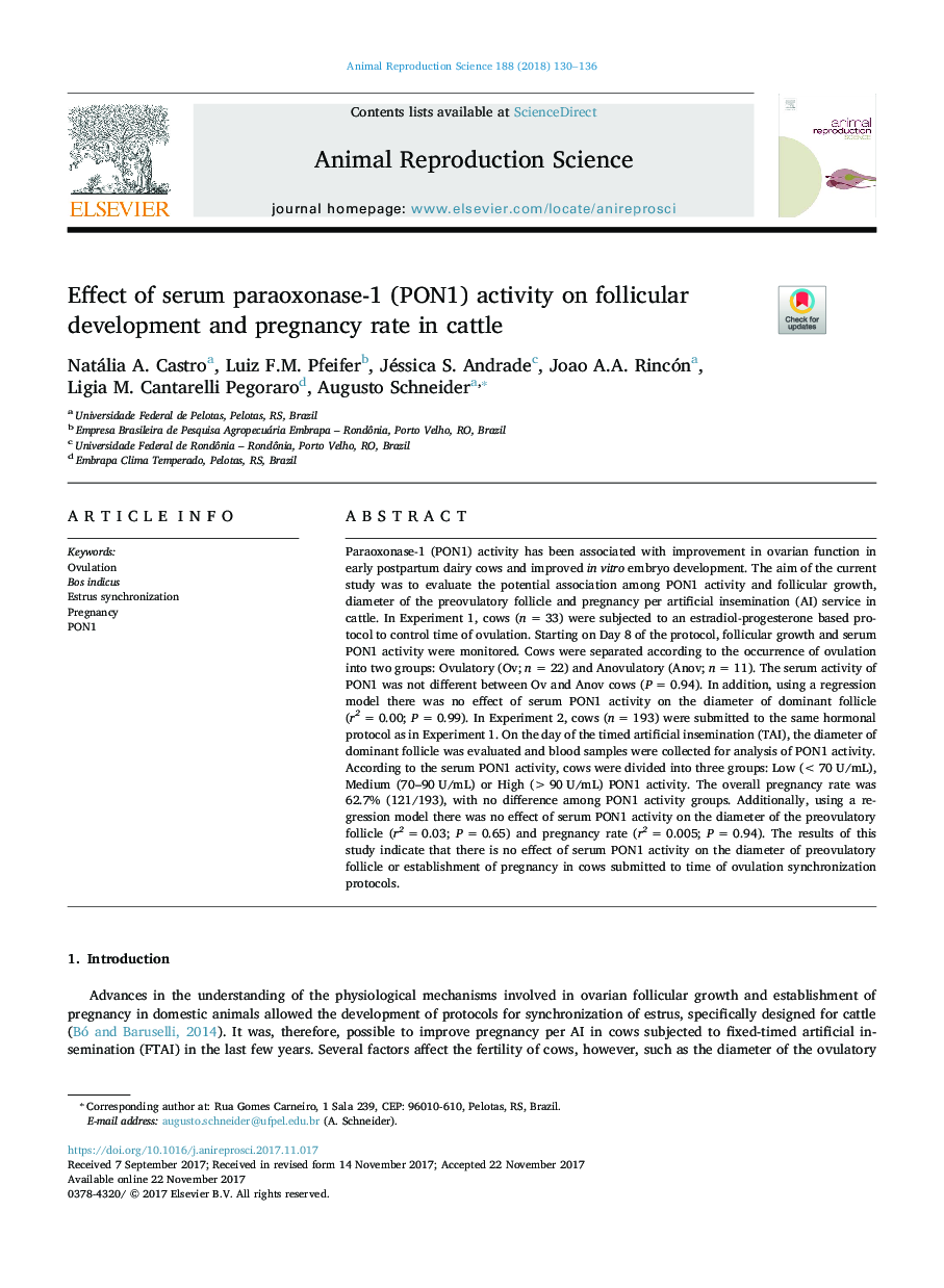 Effect of serum paraoxonase-1 (PON1) activity on follicular development and pregnancy rate in cattle