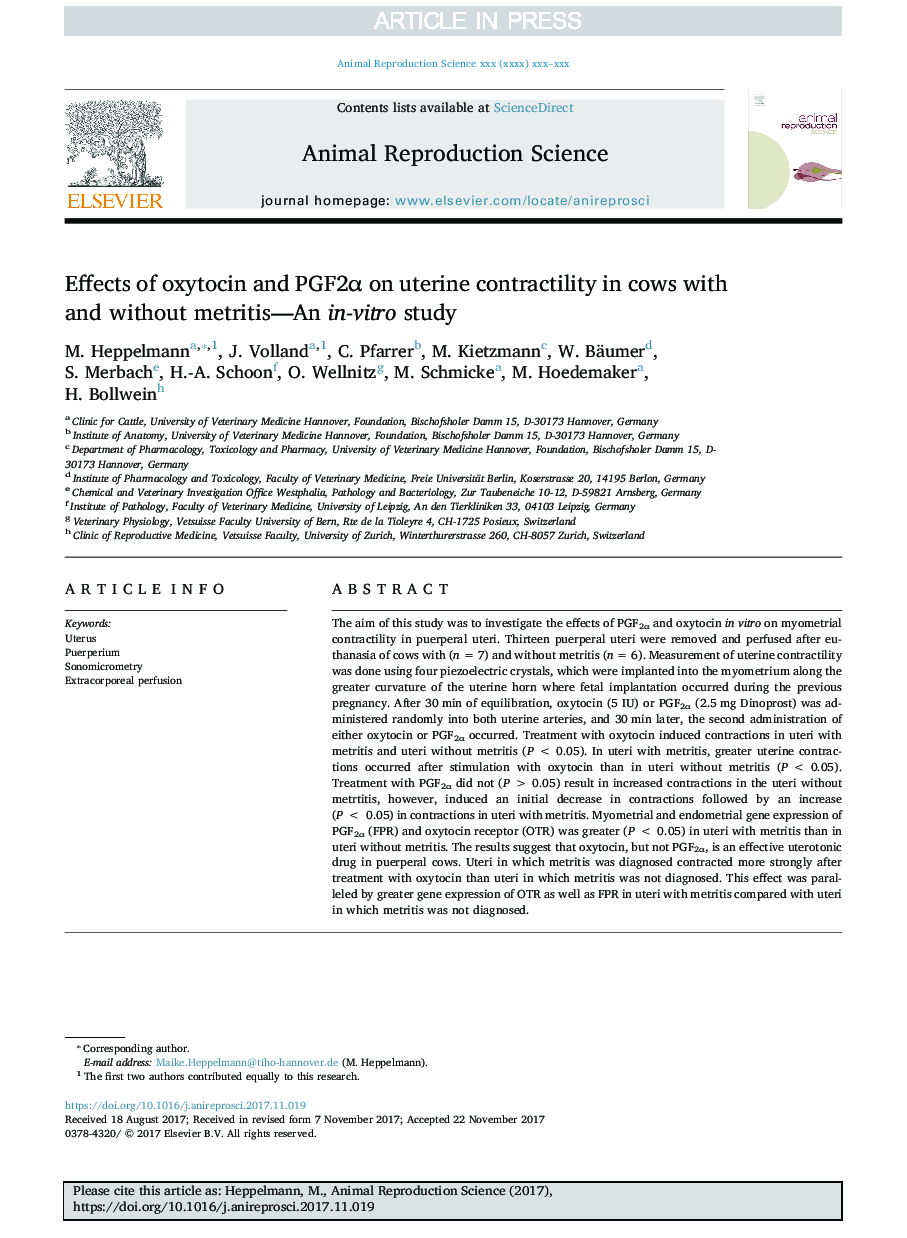 Effects of oxytocin and PGF2Î± on uterine contractility in cows with and without metritis-An in-vitro study