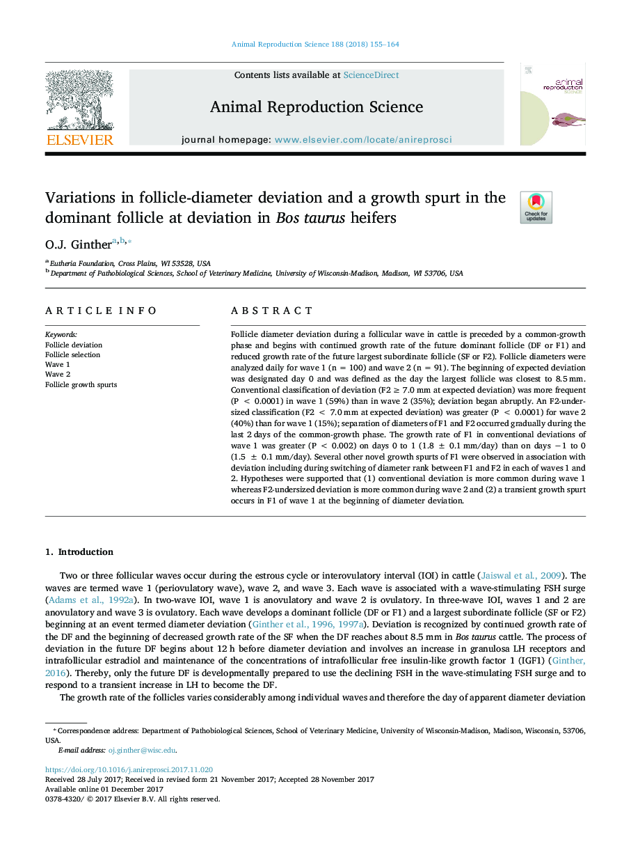 Variations in follicle-diameter deviation and a growth spurt in the dominant follicle at deviation in Bos taurus heifers