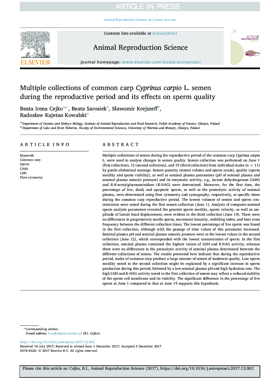 Multiple collections of common carp Cyprinus carpio L. semen during the reproductive period and its effects on sperm quality