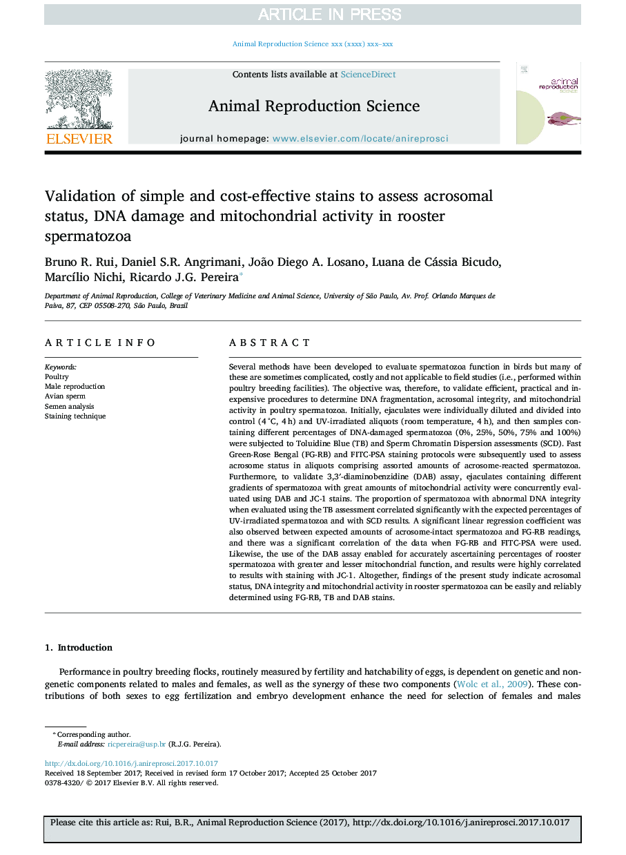 Validation of simple and cost-effective stains to assess acrosomal status, DNA damage and mitochondrial activity in rooster spermatozoa