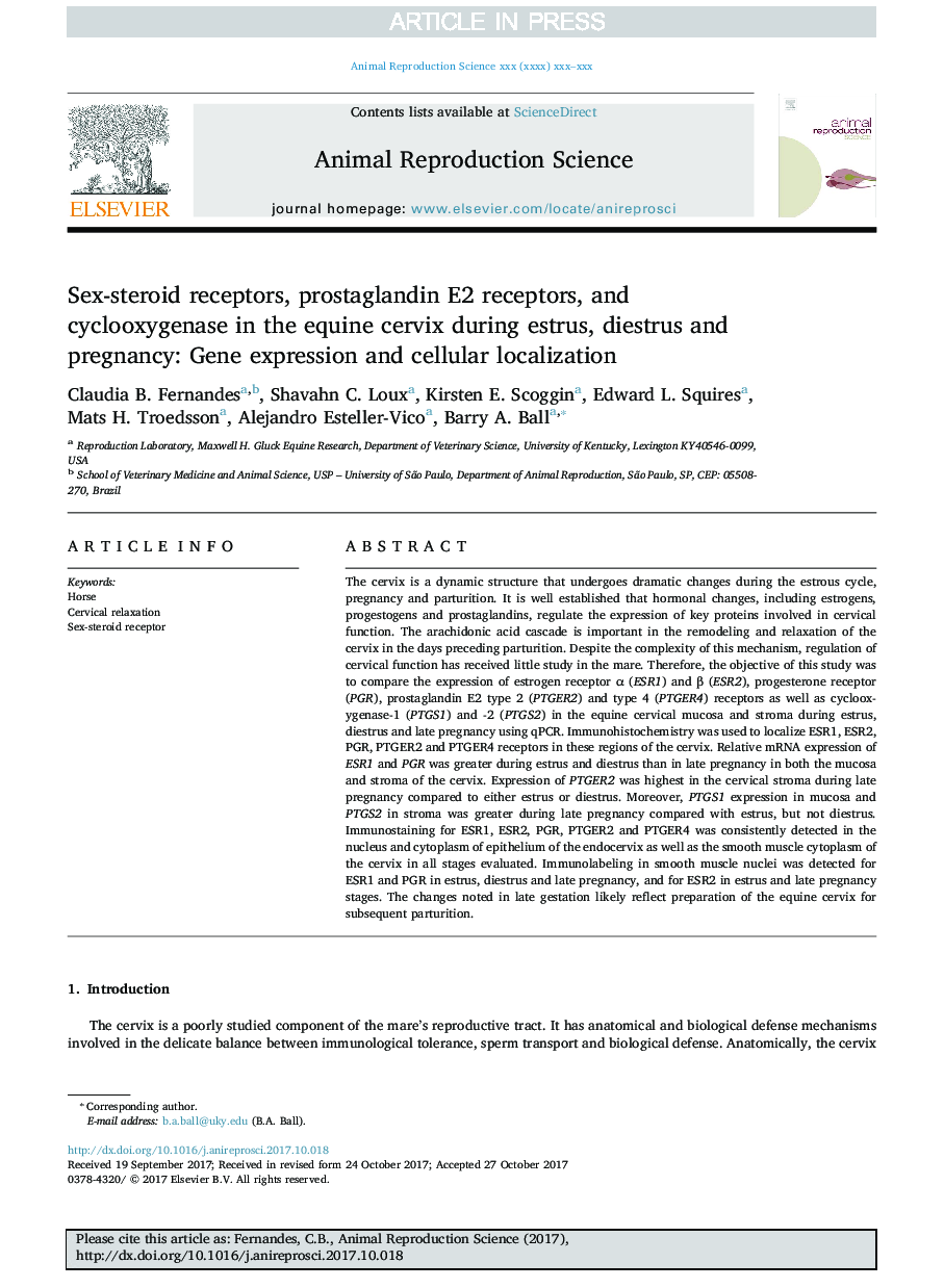 Sex-steroid receptors, prostaglandin E2 receptors, and cyclooxygenase in the equine cervix during estrus, diestrus and pregnancy: Gene expression and cellular localization