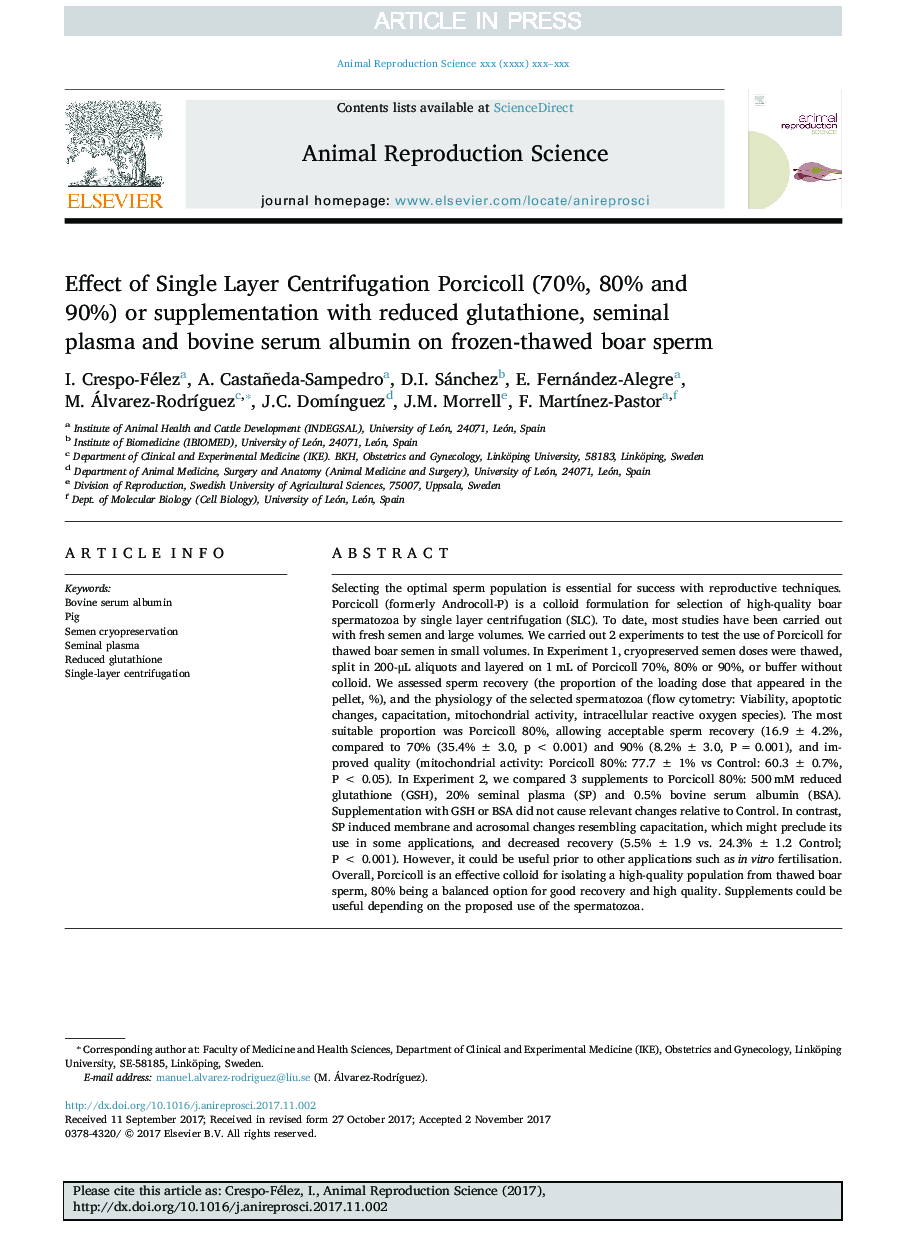 Effect of Single Layer Centrifugation Porcicoll (70%, 80% and 90%) or supplementation with reduced glutathione, seminal plasma and bovine serum albumin on frozen-thawed boar sperm