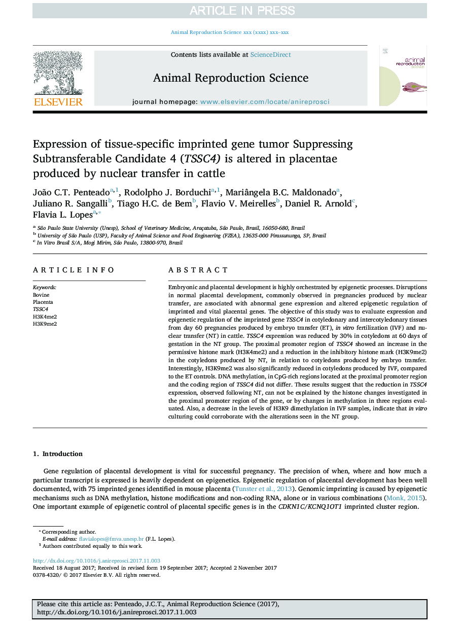 Expression of tissue-specific imprinted gene tumor Suppressing Subtransferable Candidate 4 (TSSC4) is altered in placentae produced by nuclear transfer in cattle