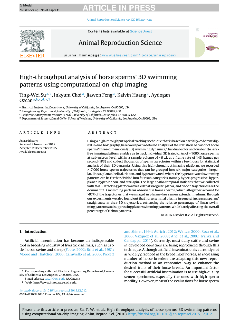 High-throughput analysis of horse sperms' 3D swimming patterns using computational on-chip imaging