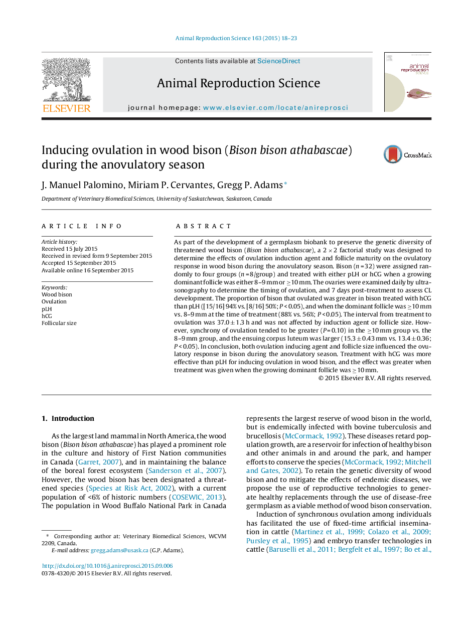 Inducing ovulation in wood bison (Bison bison athabascae) during the anovulatory season