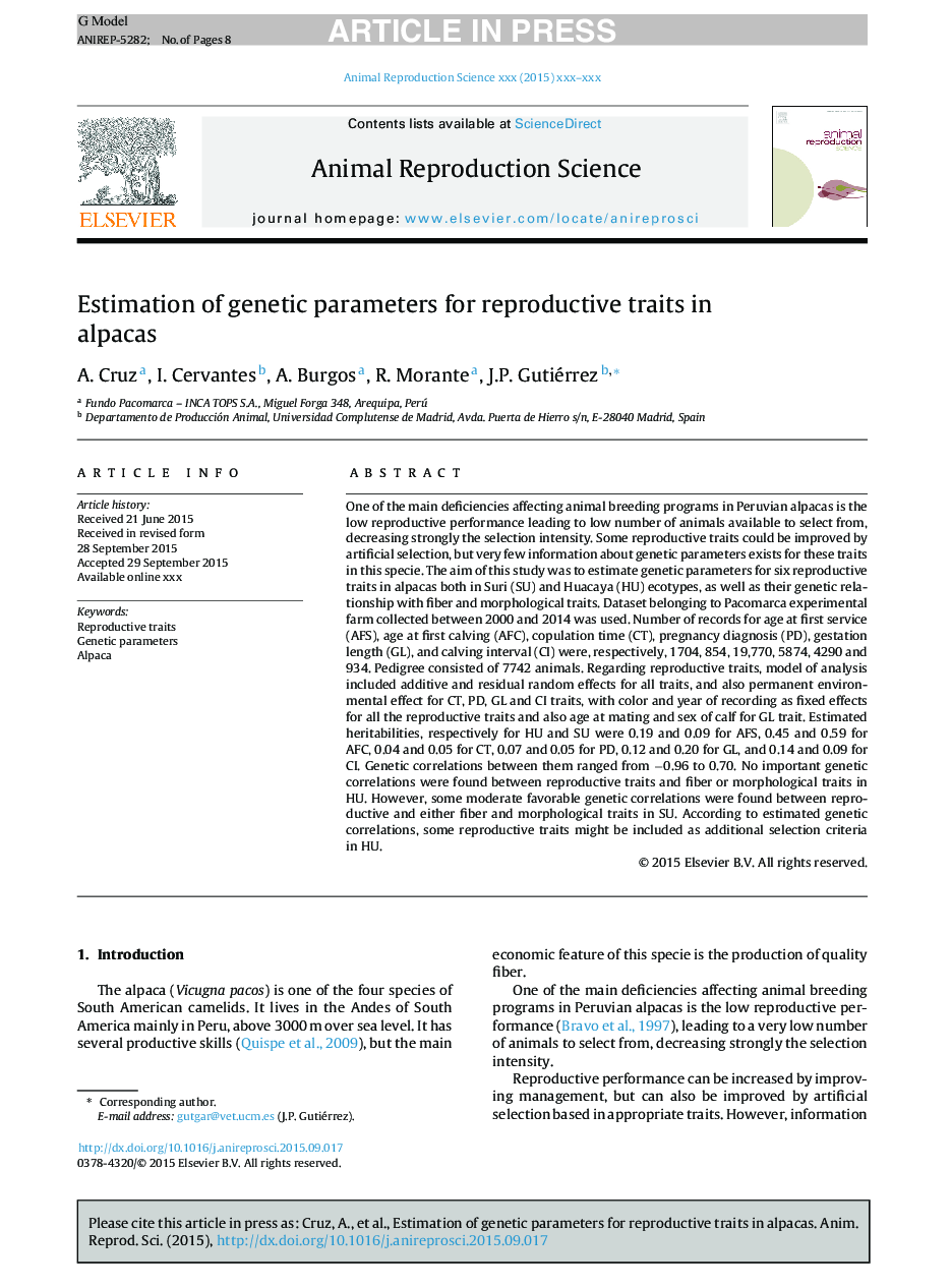 Estimation of genetic parameters for reproductive traits in alpacas