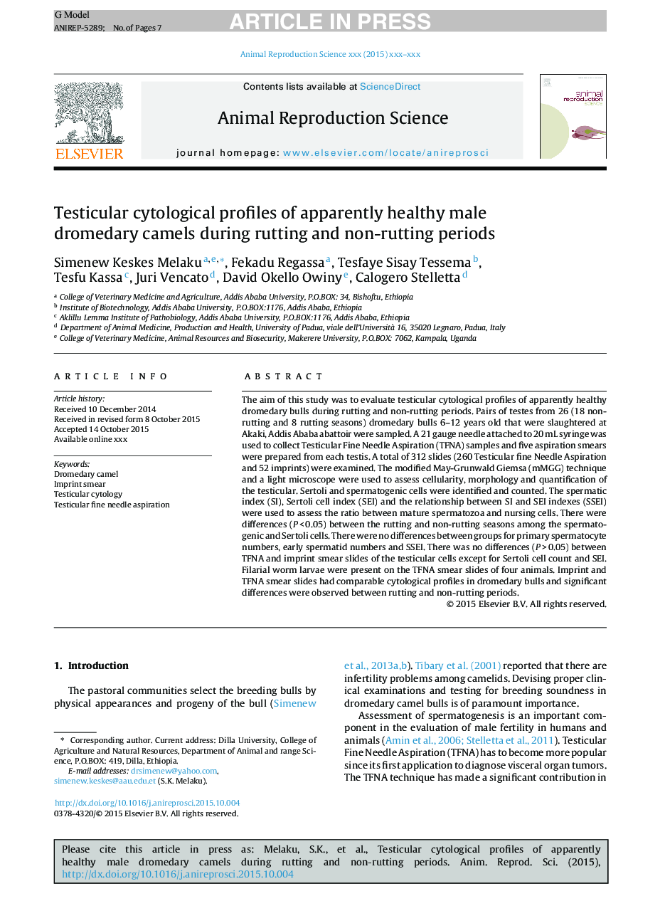 Testicular cytological profiles of apparently healthy male dromedary camels during rutting and non-rutting periods