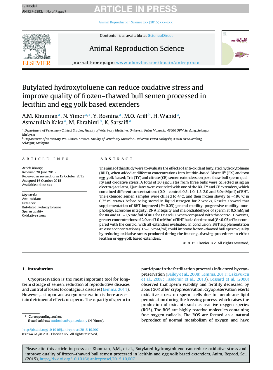 Butylated hydroxytoluene can reduce oxidative stress and improve quality of frozen-thawed bull semen processed in lecithin and egg yolk based extenders