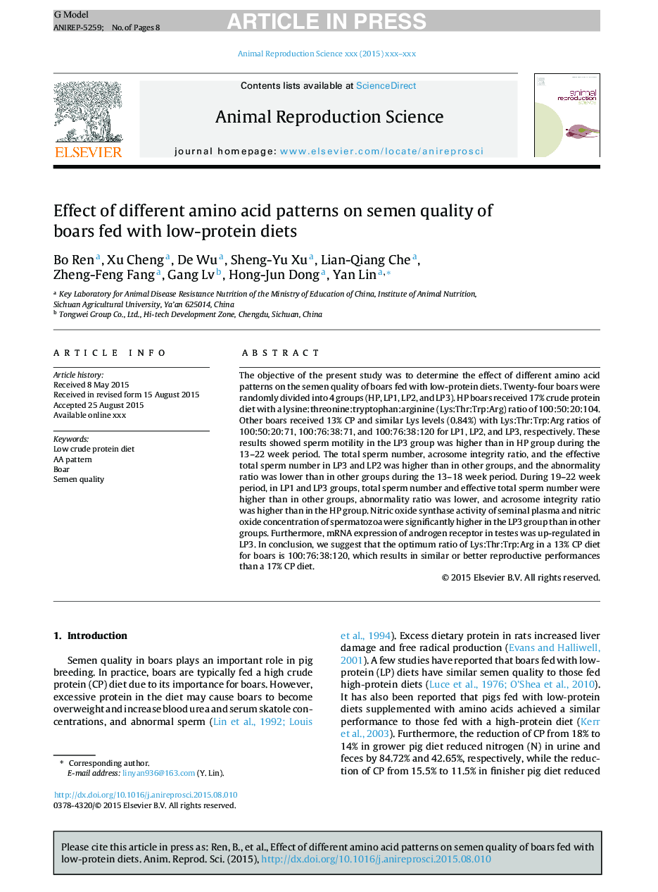 Effect of different amino acid patterns on semen quality of boars fed with low-protein diets