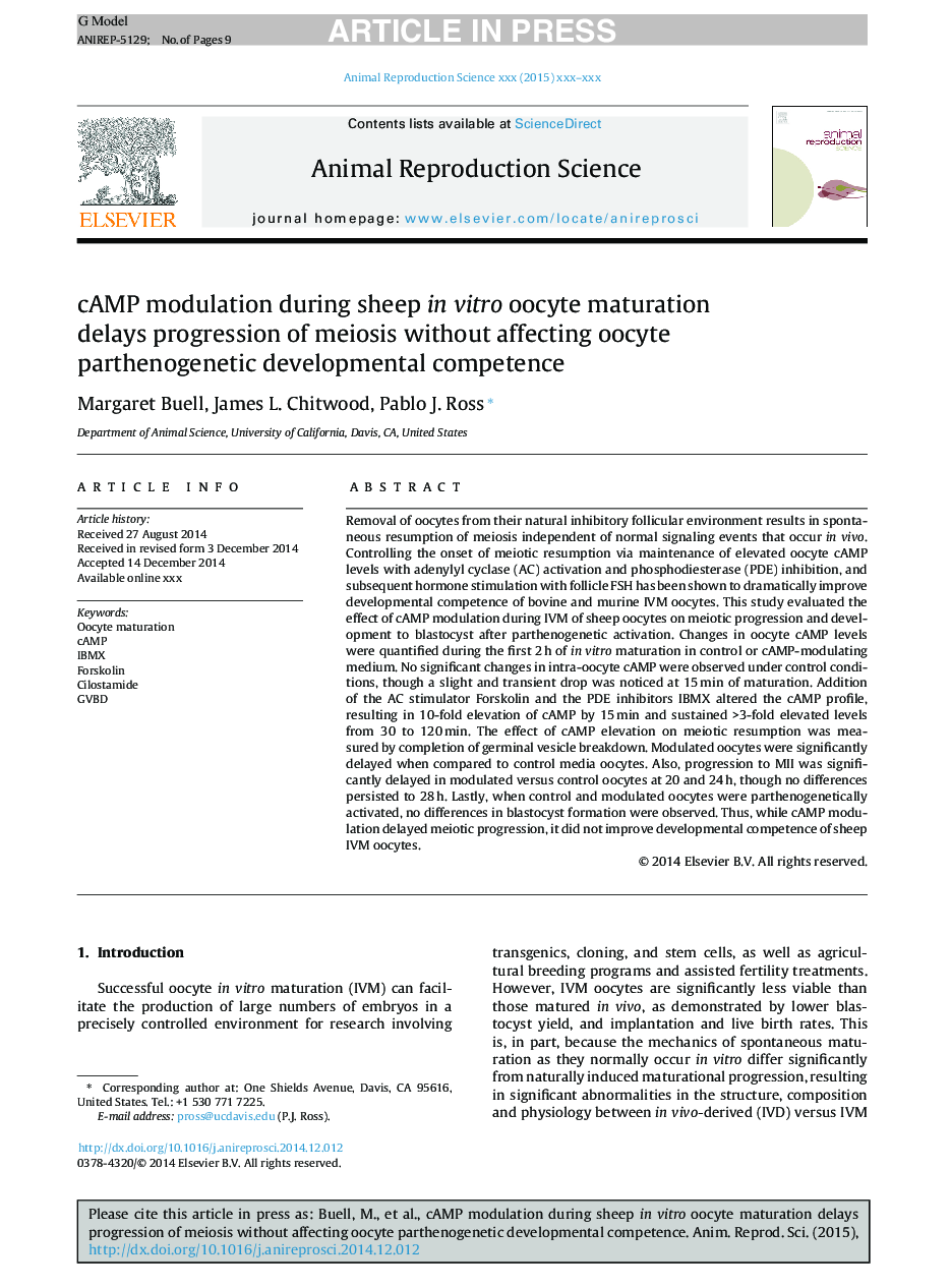 cAMP modulation during sheep in vitro oocyte maturation delays progression of meiosis without affecting oocyte parthenogenetic developmental competence