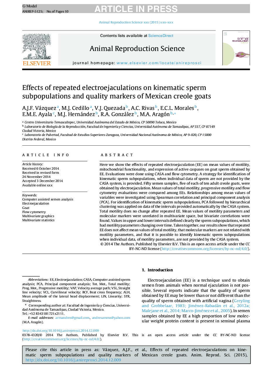 Effects of repeated electroejaculations on kinematic sperm subpopulations and quality markers of Mexican creole goats