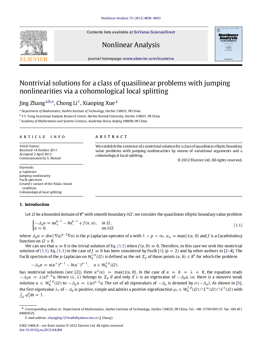 Nontrivial solutions for a class of quasilinear problems with jumping nonlinearities via a cohomological local splitting