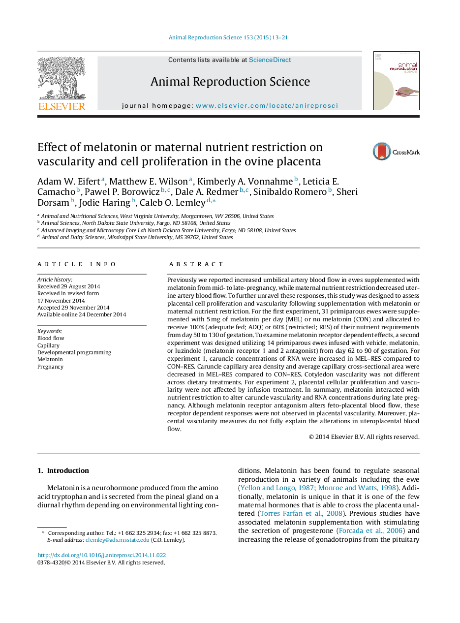 Effect of melatonin or maternal nutrient restriction on vascularity and cell proliferation in the ovine placenta