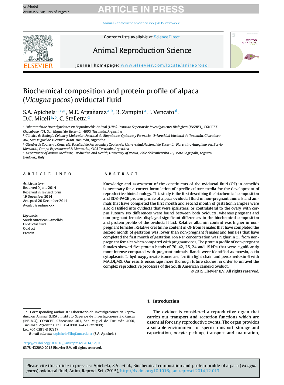 Biochemical composition and protein profile of alpaca (Vicugna pacos) oviductal fluid