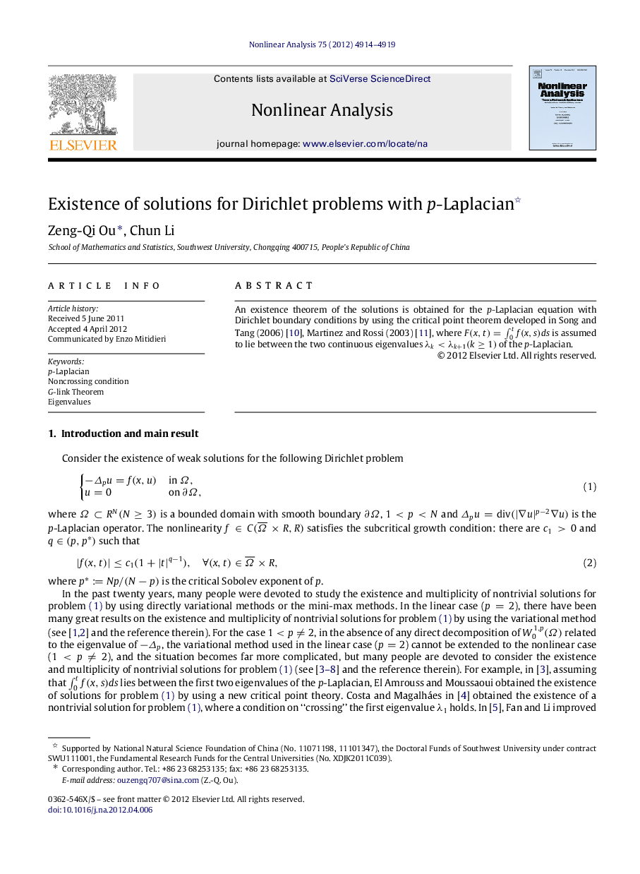 Existence of solutions for Dirichlet problems with pp-Laplacian 