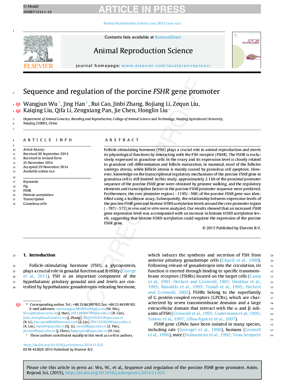 Sequence and regulation of the porcine FSHR gene promoter
