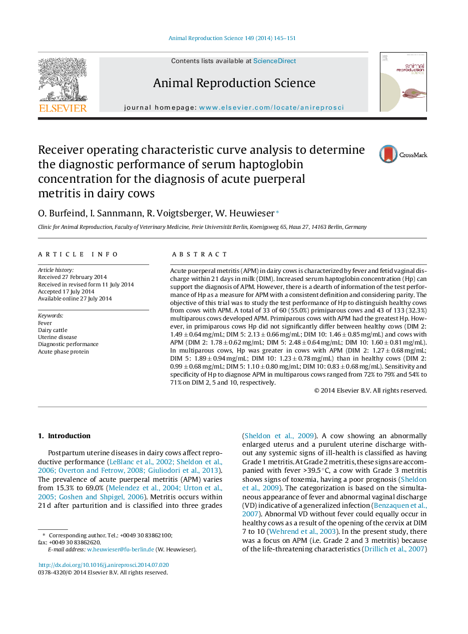 Receiver operating characteristic curve analysis to determine the diagnostic performance of serum haptoglobin concentration for the diagnosis of acute puerperal metritis in dairy cows