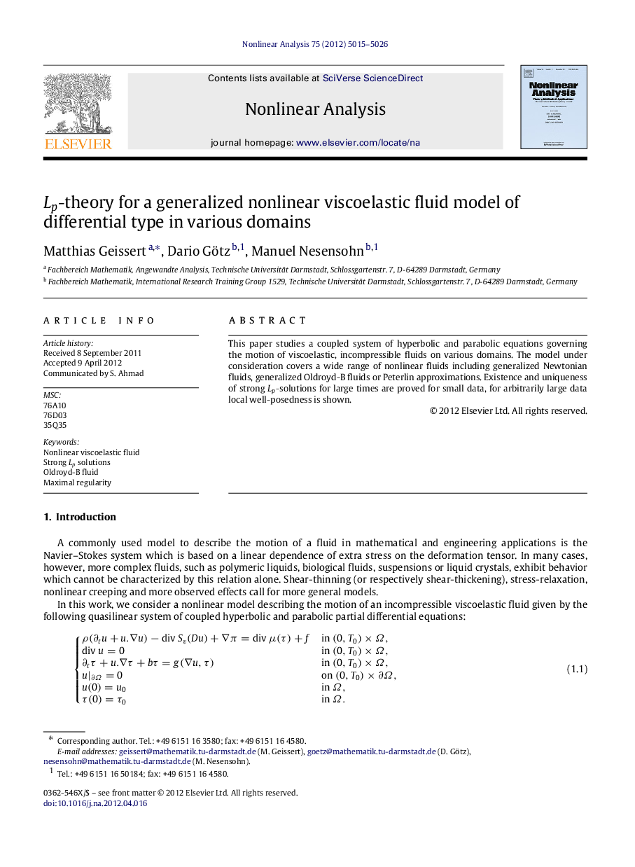 LpLp-theory for a generalized nonlinear viscoelastic fluid model of differential type in various domains