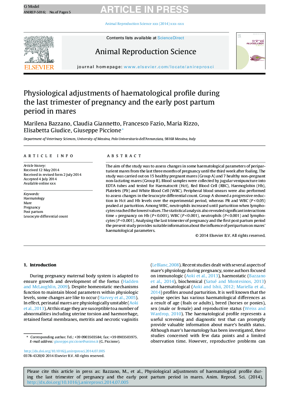 Physiological adjustments of haematological profile during the last trimester of pregnancy and the early post partum period in mares