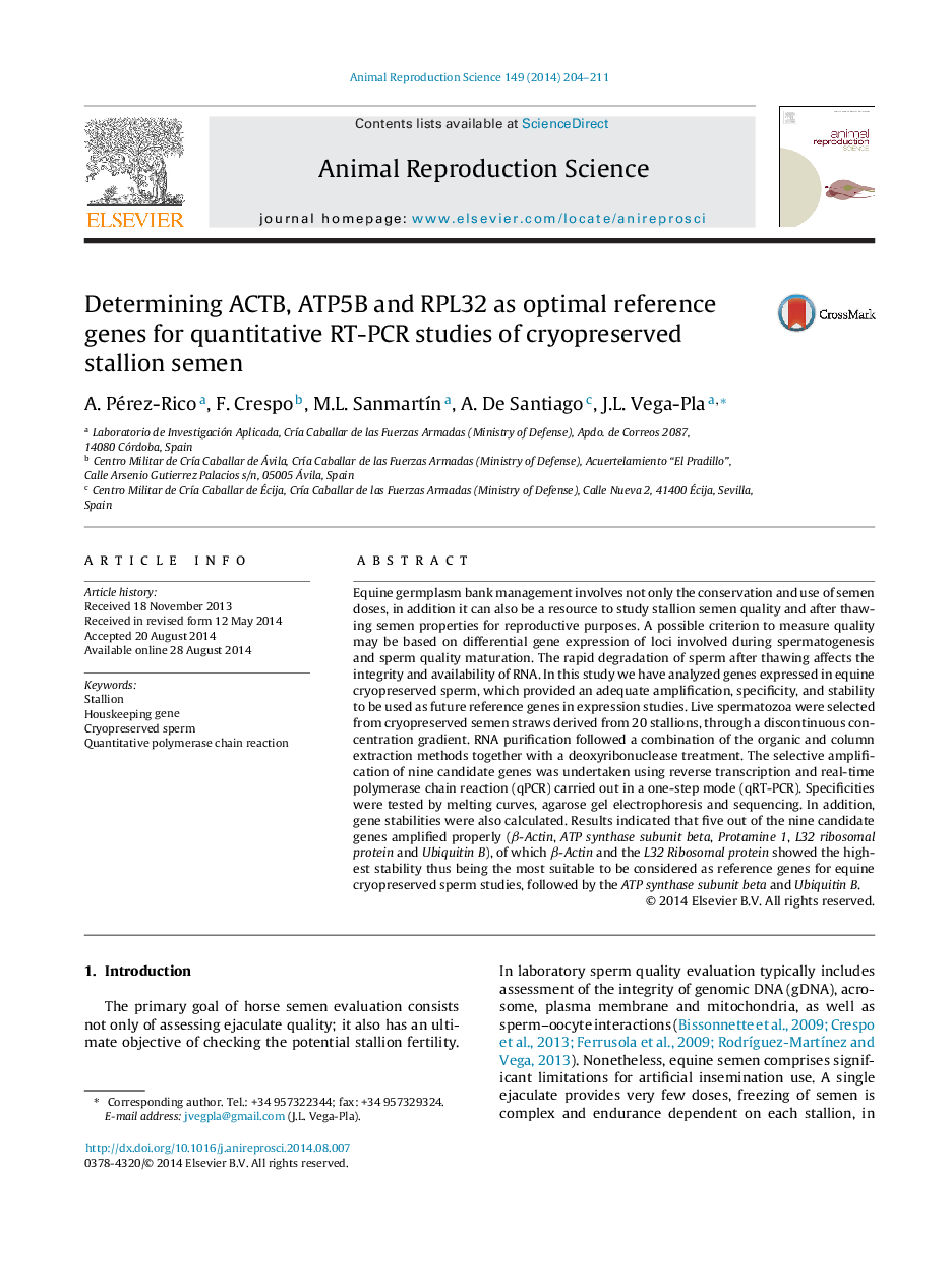 Determining ACTB, ATP5B and RPL32 as optimal reference genes for quantitative RT-PCR studies of cryopreserved stallion semen