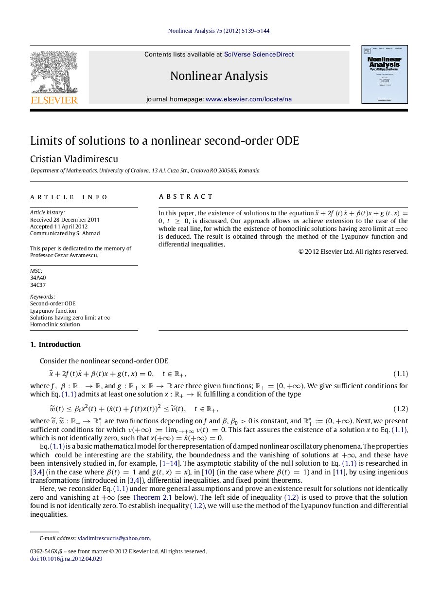 Limits of solutions to a nonlinear second-order ODE