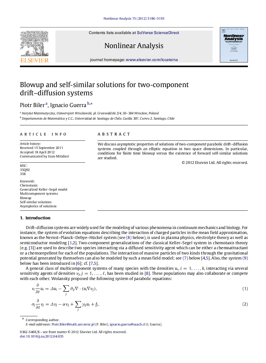 Blowup and self-similar solutions for two-component drift–diffusion systems