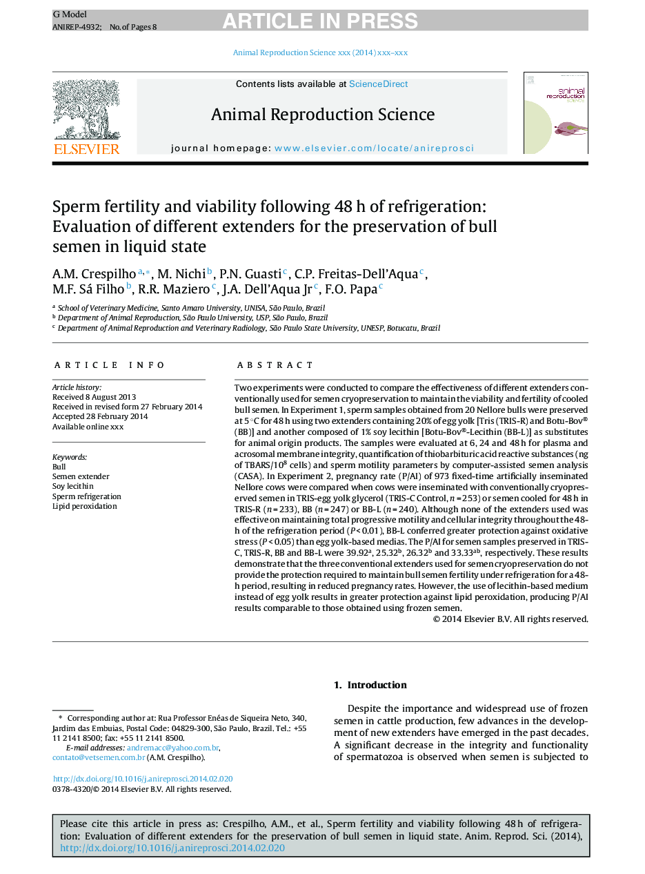 Sperm fertility and viability following 48Â h of refrigeration: Evaluation of different extenders for the preservation of bull semen in liquid state