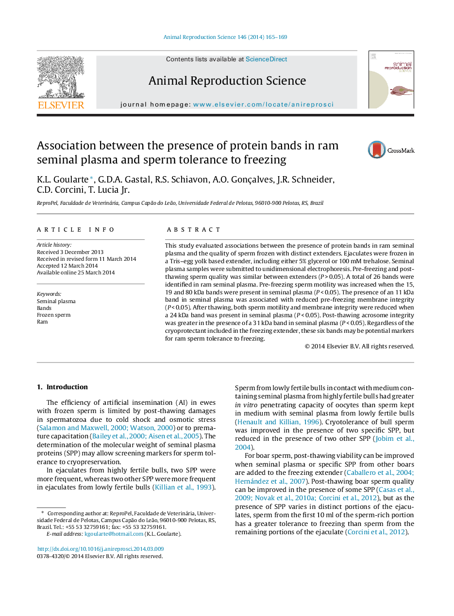 Association between the presence of protein bands in ram seminal plasma and sperm tolerance to freezing