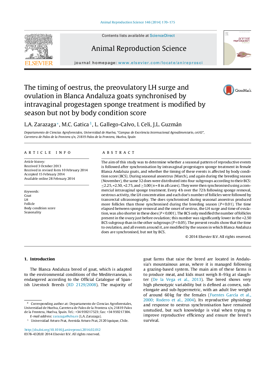 The timing of oestrus, the preovulatory LH surge and ovulation in Blanca Andaluza goats synchronised by intravaginal progestagen sponge treatment is modified by season but not by body condition score