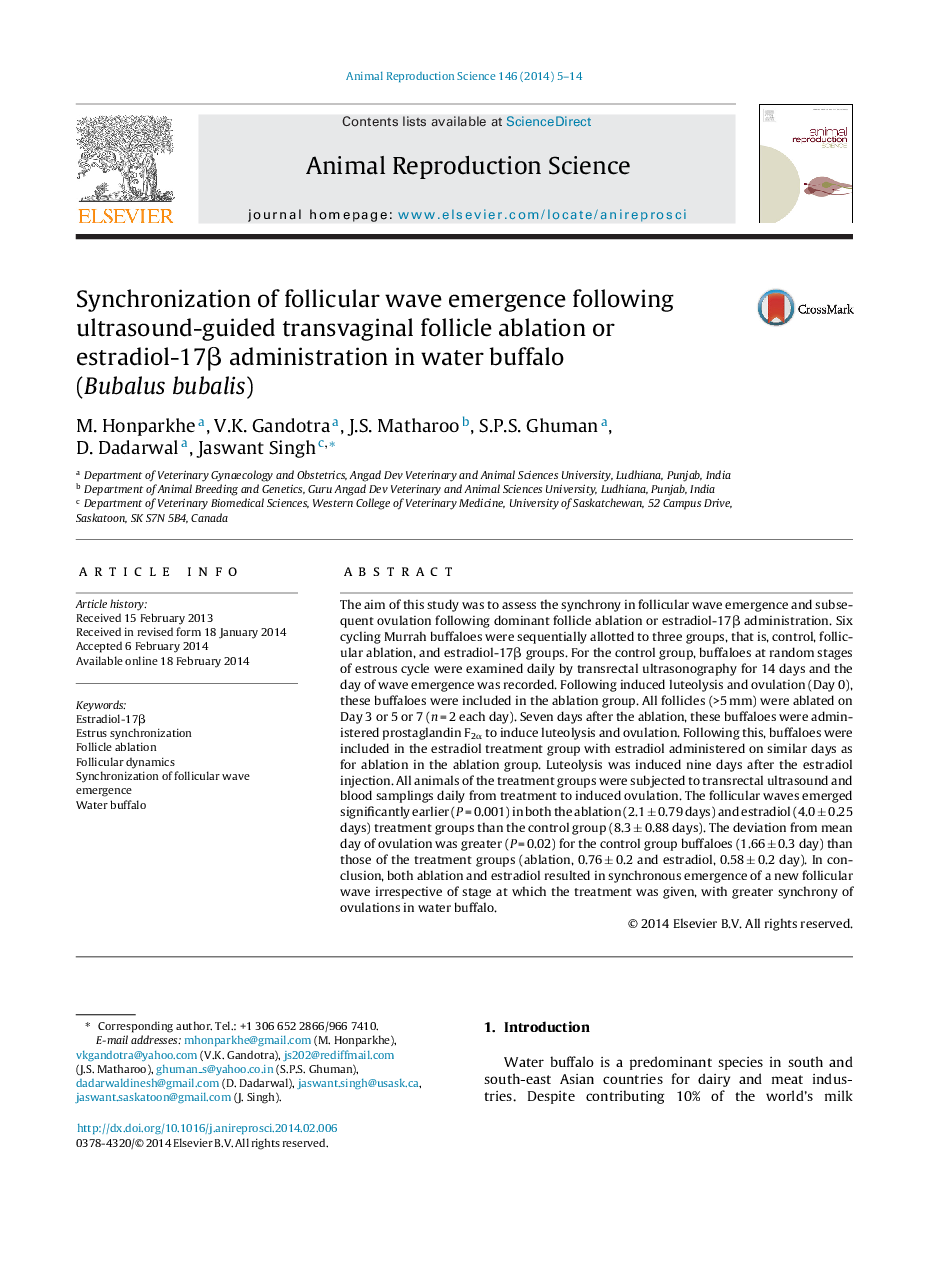 Synchronization of follicular wave emergence following ultrasound-guided transvaginal follicle ablation or estradiol-17Î² administration in water buffalo (Bubalus bubalis)