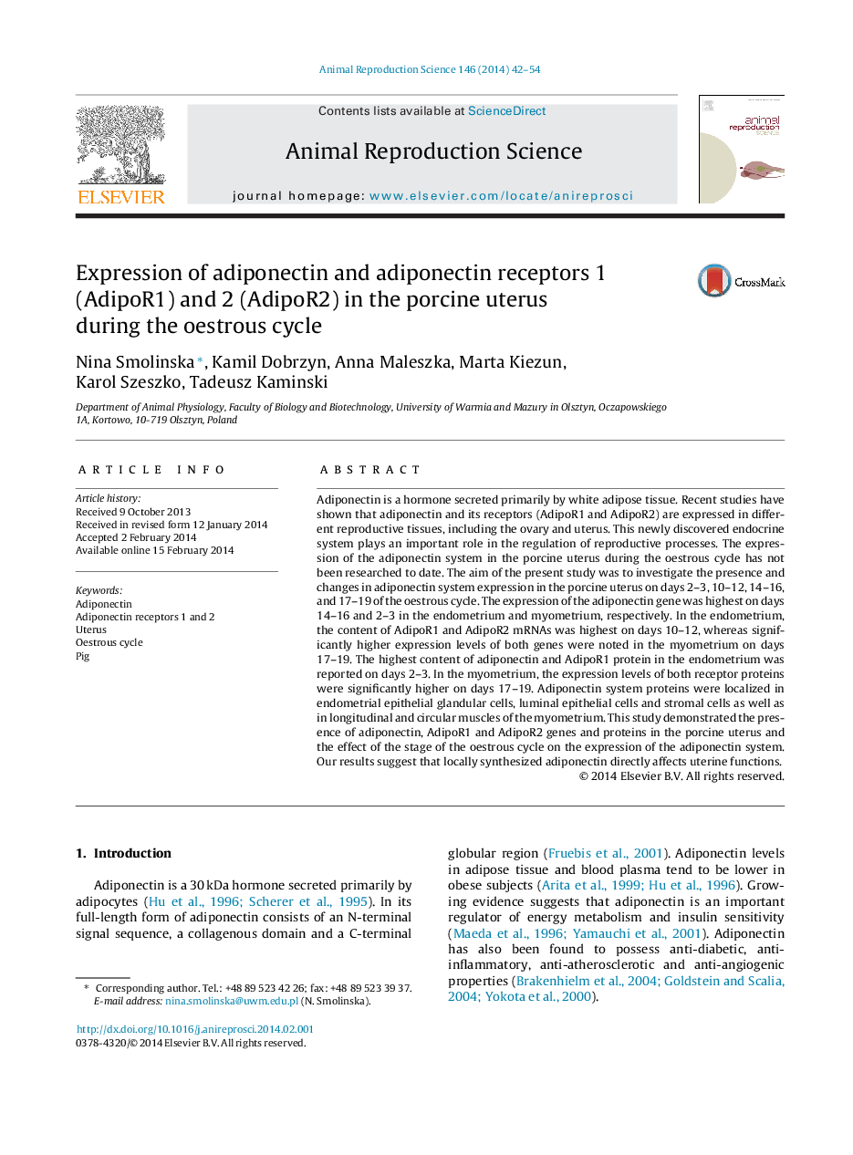 Expression of adiponectin and adiponectin receptors 1 (AdipoR1) and 2 (AdipoR2) in the porcine uterus during the oestrous cycle