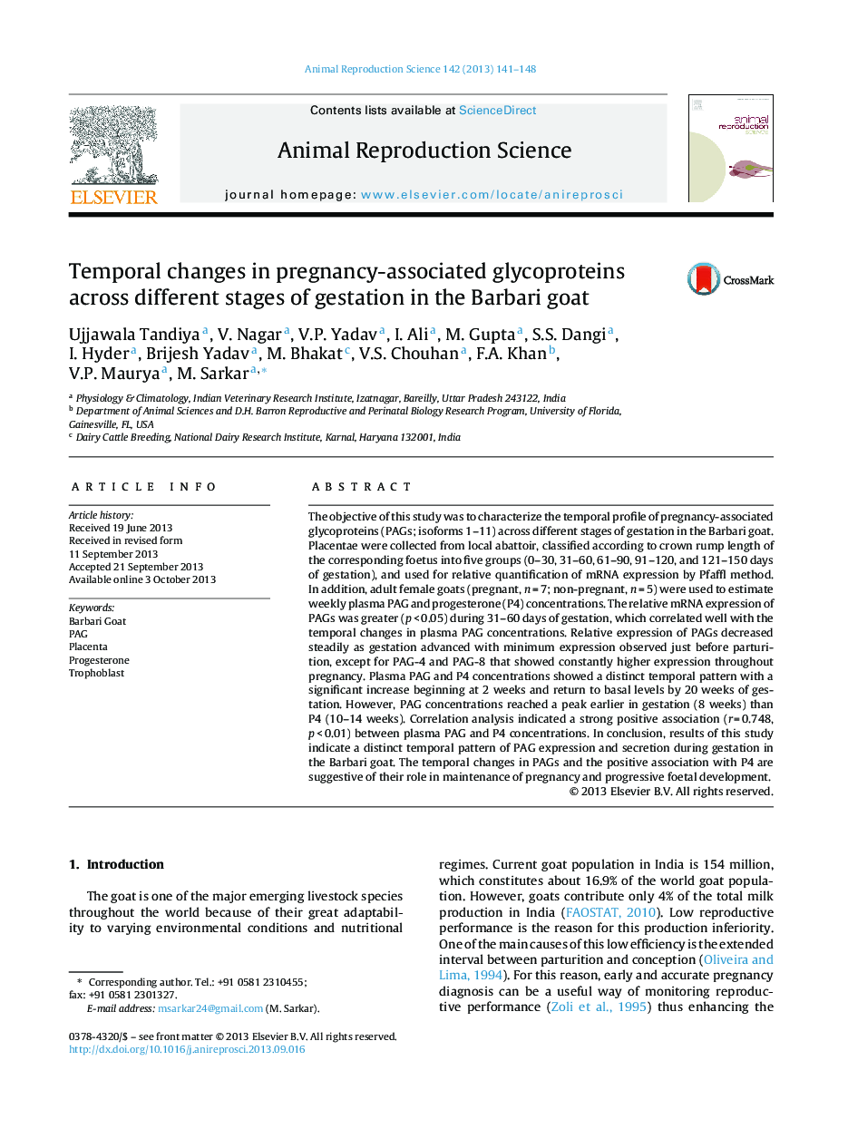 Temporal changes in pregnancy-associated glycoproteins across different stages of gestation in the Barbari goat