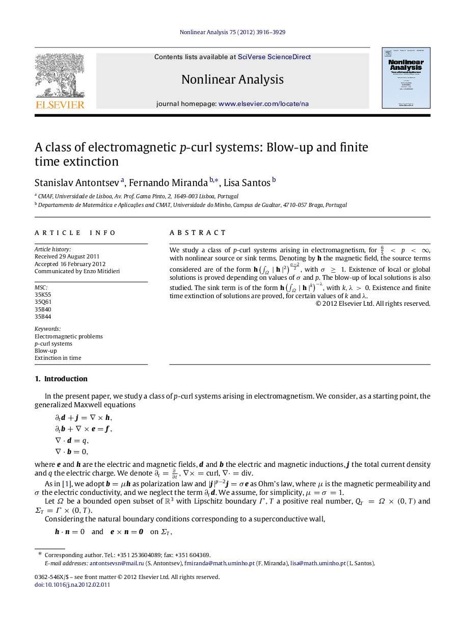 عکس صفحه اول مقاله: A class of electromagnetic pp-curl systems: Blow-up and finite time extinction A class of electromagnetic pp-curl systems: Blow-up and finite time extinction