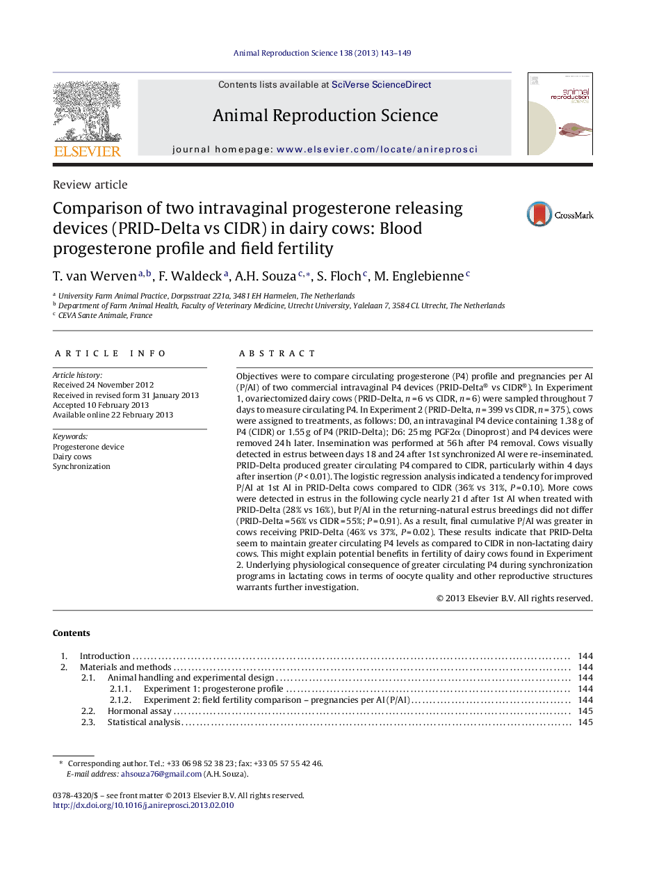 Comparison of two intravaginal progesterone releasing devices (PRID-Delta vs CIDR) in dairy cows: Blood progesterone profile and field fertility