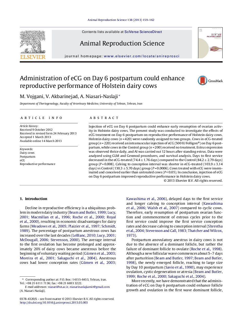 Administration of eCG on Day 6 postpartum could enhance reproductive performance of Holstein dairy cows