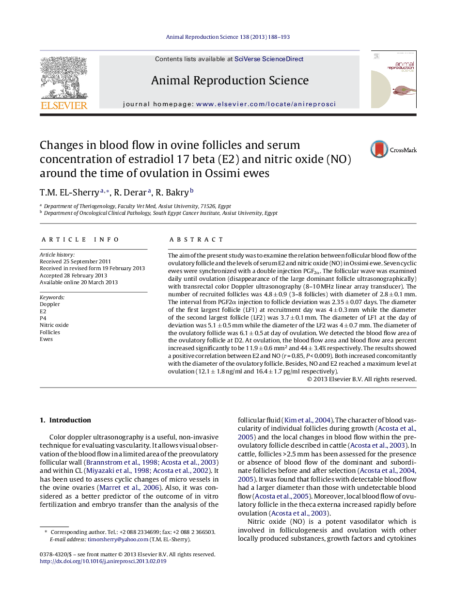 Changes in blood flow in ovine follicles and serum concentration of estradiol 17 beta (E2) and nitric oxide (NO) around the time of ovulation in Ossimi ewes