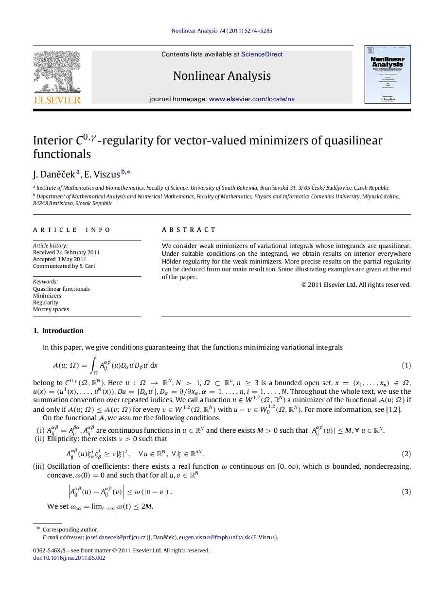 Interior C0,γC0,γ-regularity for vector-valued minimizers of quasilinear functionals