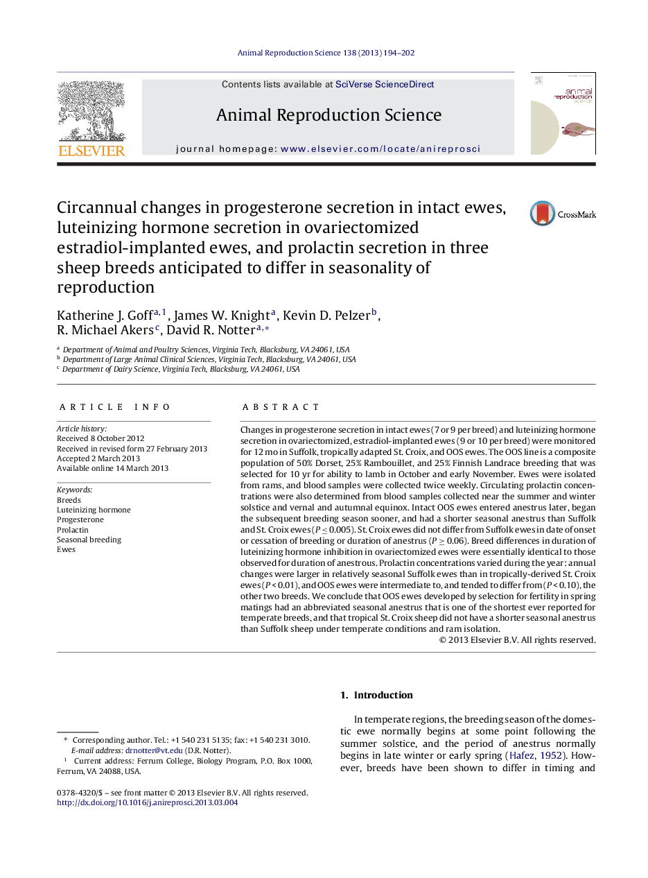 Circannual changes in progesterone secretion in intact ewes, luteinizing hormone secretion in ovariectomized estradiol-implanted ewes, and prolactin secretion in three sheep breeds anticipated to differ in seasonality of reproduction