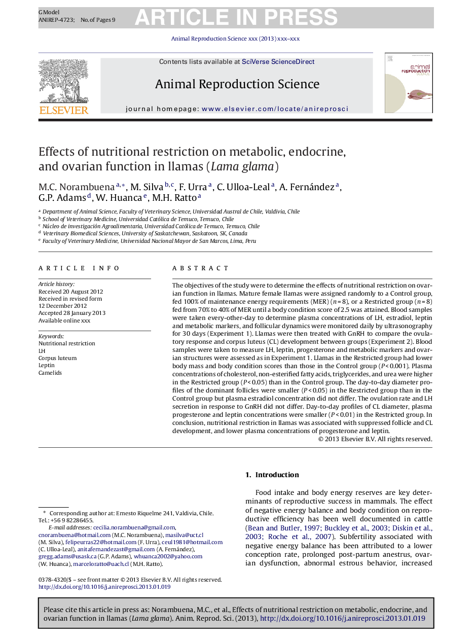 Effects of nutritional restriction on metabolic, endocrine, and ovarian function in llamas (Lama glama)