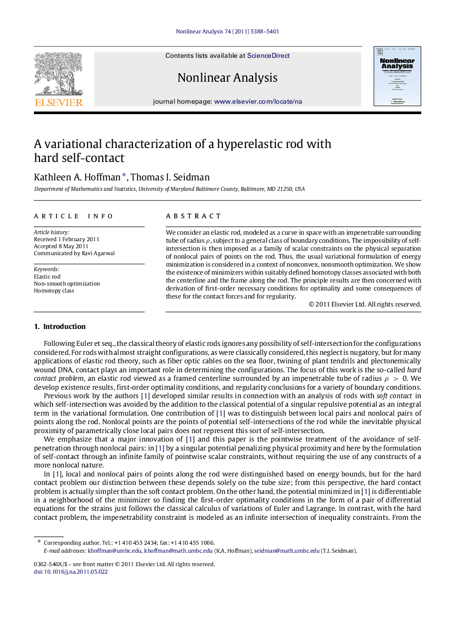 A variational characterization of a hyperelastic rod with hard self-contact