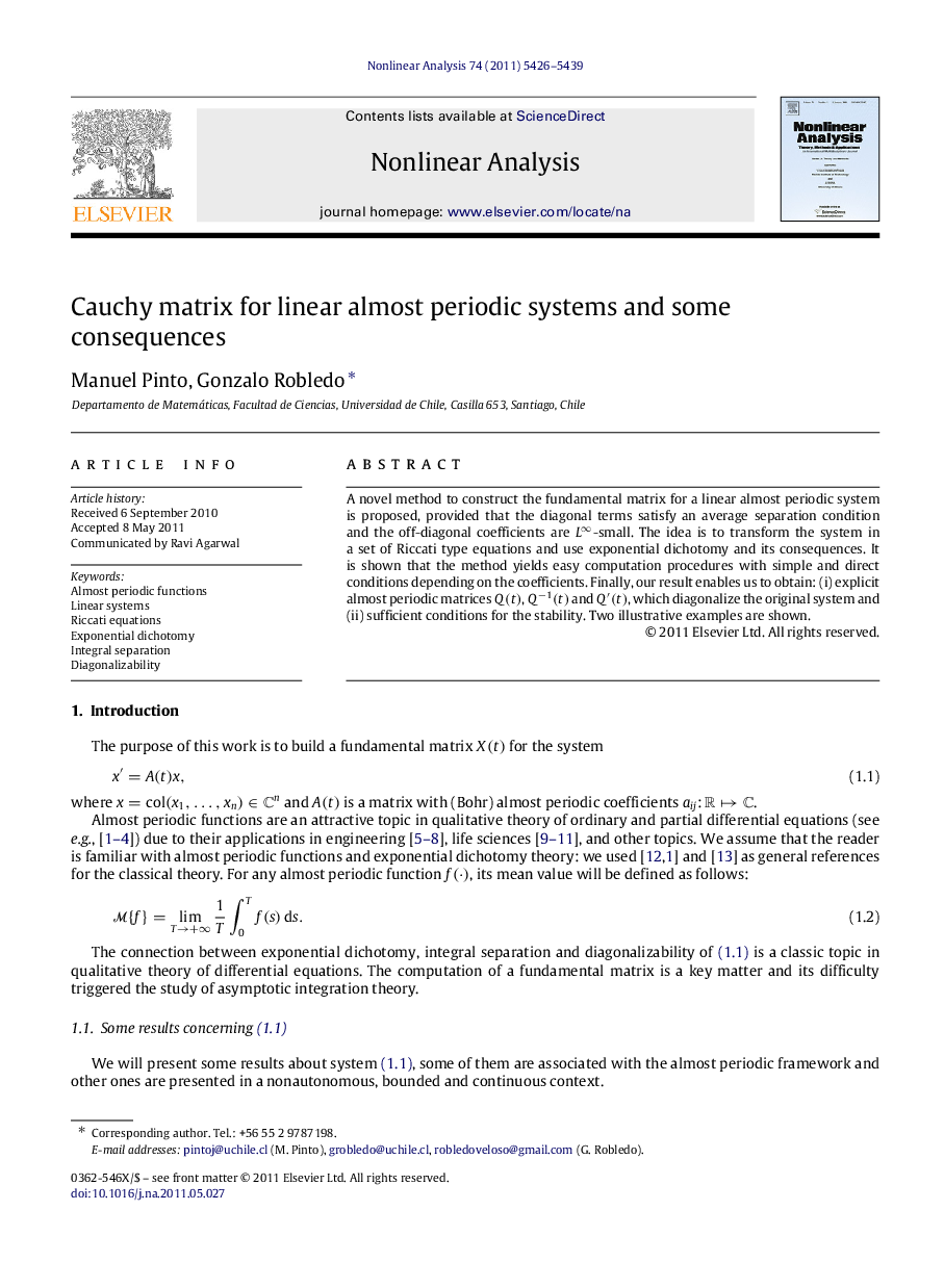 Cauchy matrix for linear almost periodic systems and some consequences