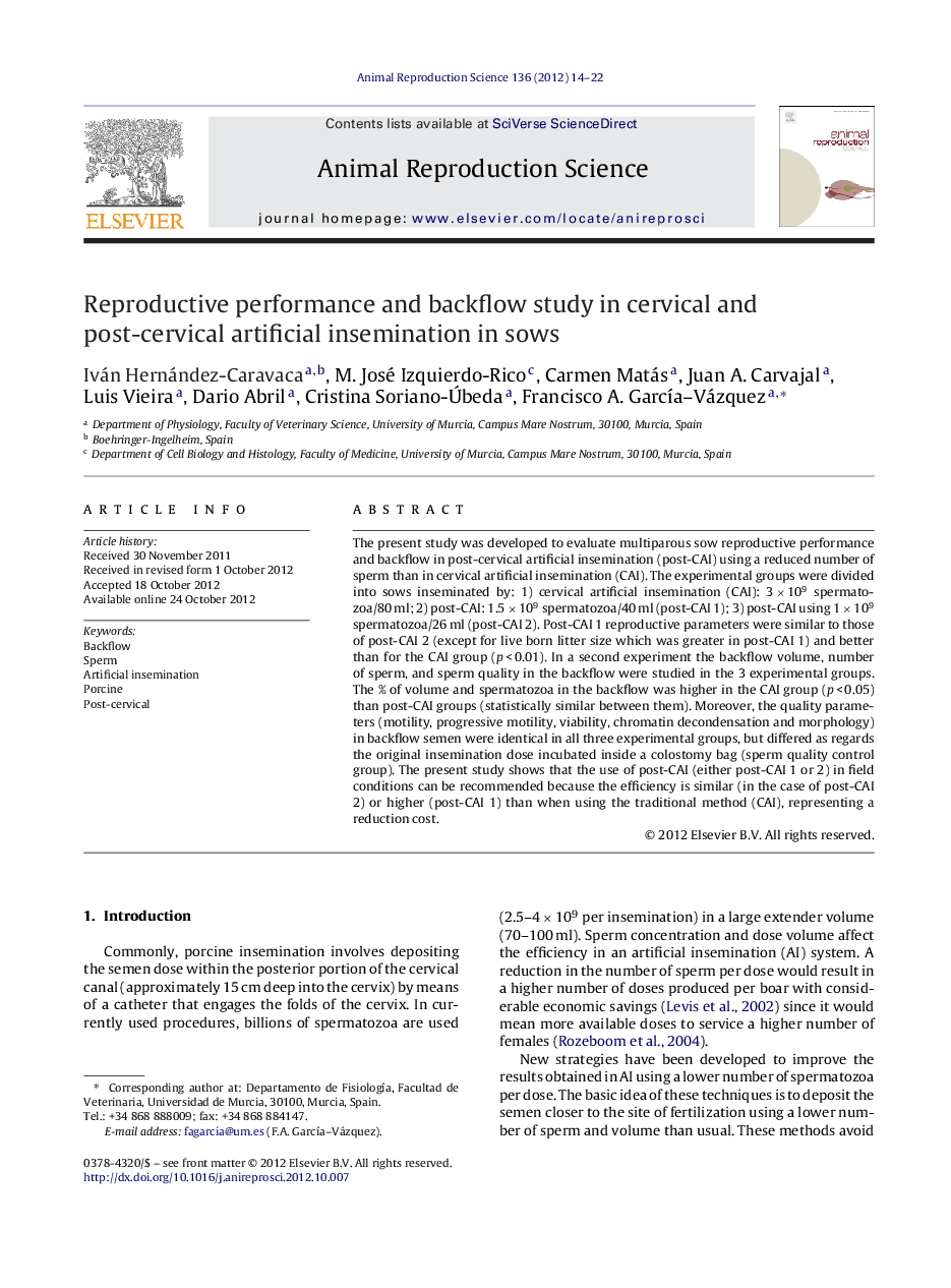 Reproductive performance and backflow study in cervical and post-cervical artificial insemination in sows