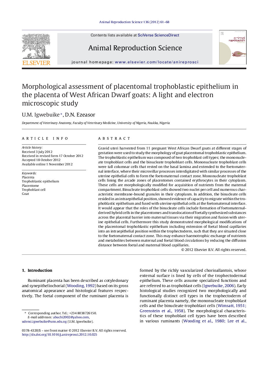 Morphological assessment of placentomal trophoblastic epithelium in the placenta of West African Dwarf goats: A light and electron microscopic study