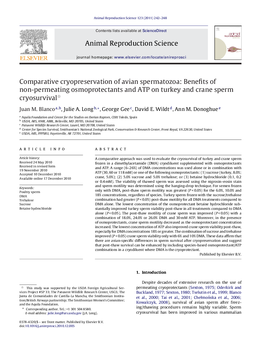 Comparative cryopreservation of avian spermatozoa: Benefits of non-permeating osmoprotectants and ATP on turkey and crane sperm cryosurvival