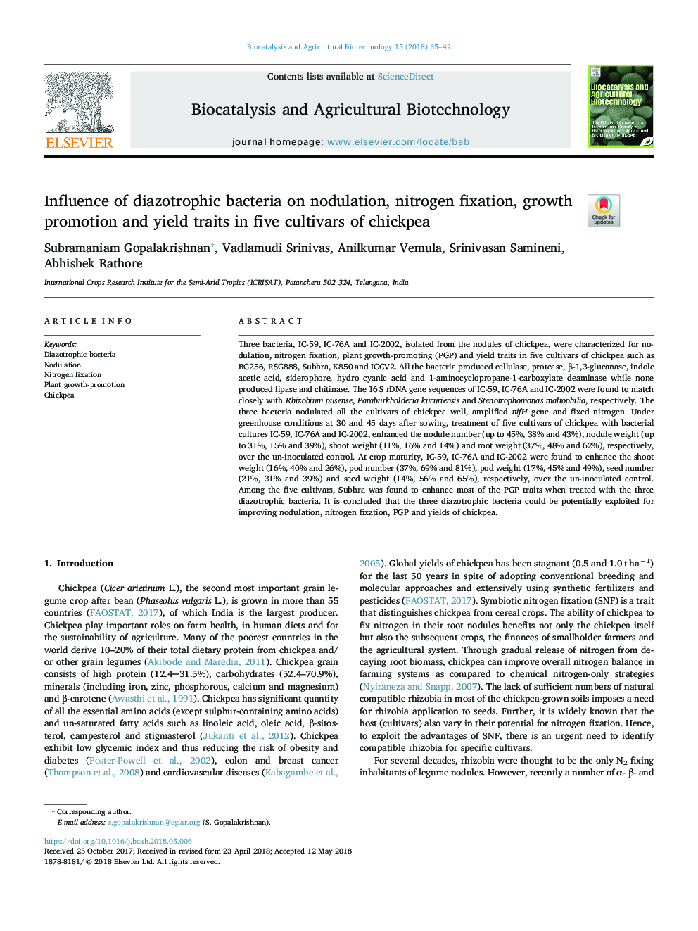 Influence of diazotrophic bacteria on nodulation, nitrogen fixation, growth promotion and yield traits in five cultivars of chickpea