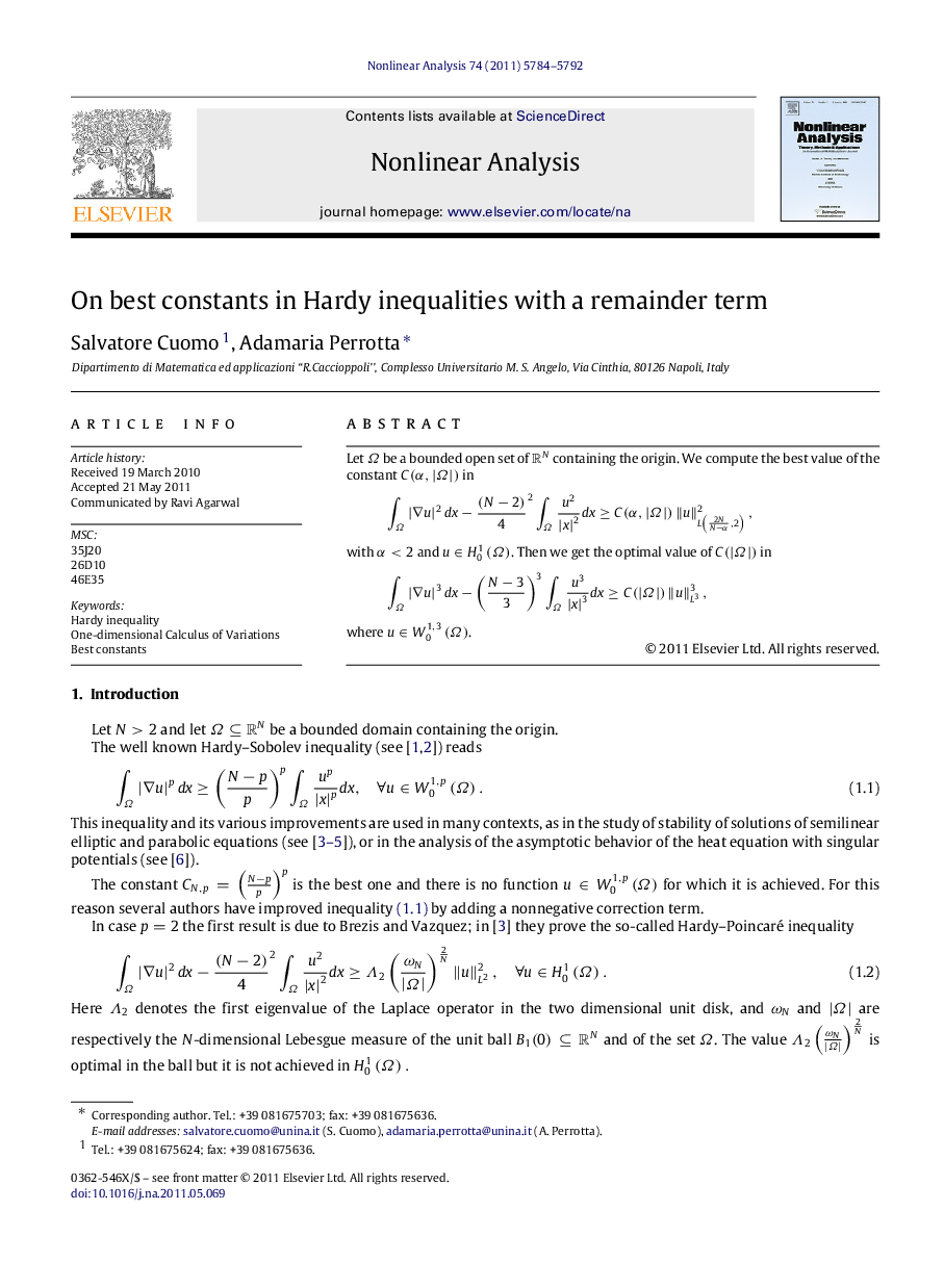 عکس صفحه اول مقاله: On best constants in Hardy inequalities with a remainder term On best constants in Hardy inequalities with a remainder term