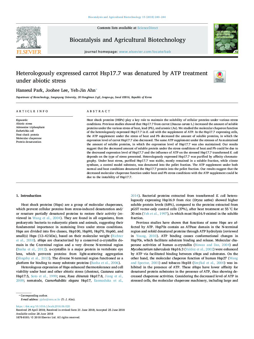 Heterologously expressed carrot Hsp17.7 was denatured by ATP treatment under abiotic stress